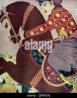 „The Enchanted Horse“, veröffentlicht am 17,1925. Mai im American Weekly Sunday Magazine, gemalt von Edmund Dulac als „Charaktere aus den Arabischen Nächten“. Stockfoto