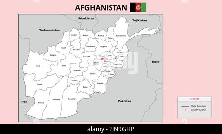 Afghanistan-Karte. Staat- und Distriktkarte von Afghanistan. Verwaltungskarte von Afghanistan mit Bezirk und Hauptstadt in weißer Farbe. Stock Vektor