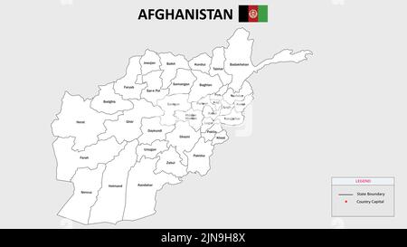 Afghanistan-Karte. Staat- und Distriktkarte von Afghanistan. Verwaltungskarte von Afghanistan mit Bezirk und Hauptstadt in weißer Farbe. Stock Vektor
