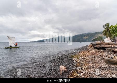 Sao Tome, Dugouts am Strand im Fischerdorf Stockfoto