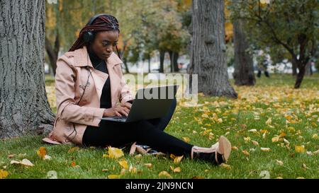 Junge fokussierte freiberufliche Studentin sitzt im Herbstpark in der Nähe von Baum arbeitet an Laptop-Eingabe Nachricht prüft E-Mail Studium Remote Online-Distanz Stockfoto