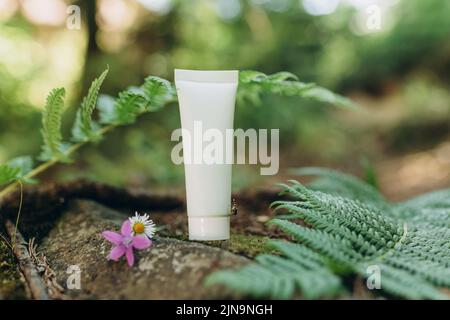 Nachbau eines Röhrchens für Creme auf einem natürlichen Hintergrund im Wald, ein umweltfreundliches Produkt, natürliche Komponenten Stockfoto