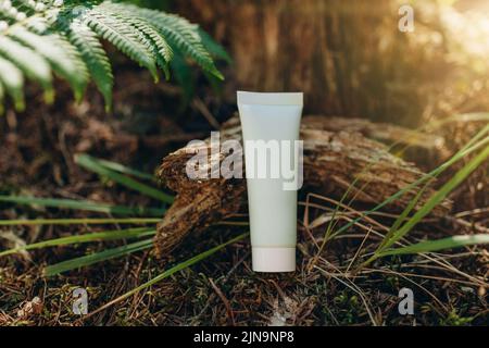 Nachbau eines Röhrchens für Creme auf einem natürlichen Hintergrund im Wald, ein umweltfreundliches Produkt, natürliche Komponenten Stockfoto