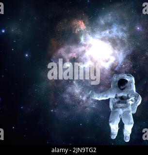 Astronaut im Weltraum und fliegendes ufo um ihn herum. Schöne Galaxiennebel 3D Abbildung. Kosmonaut im Universum und Aliens Fantasie Stockfoto