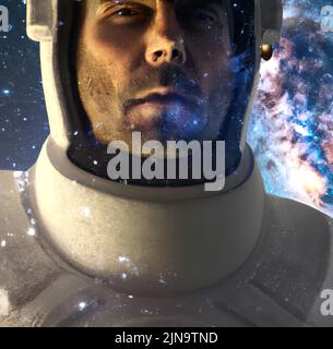 Astronaut im Weltraum und fliegendes ufo um ihn herum. Schöne Galaxiennebel 3D Abbildung. Kosmonaut im Universum und Aliens Fantasie Stockfoto