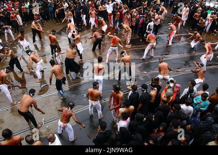 Kalkutta, Westbengalen, Indien. 9. August 2022. (ANMERKUNG DER REDAKTION: Das Bild enthält grafische Inhalte) schiitische muslimische Trauernde geißeln sich während einer Muharram-Prozession, um Ashura in Kalkata zu markieren. Nach einer Lücke von zwei Jahren aufgrund von COVID-19-Beschränkungen durften die Trauernden in diesem Jahr Prozessionen in der Stadt organisieren. (Bild: © Dipa Chakraborty/Pacific Press via ZUMA Press Wire) Stockfoto