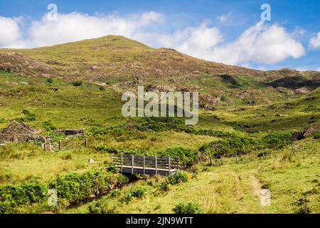 Blick auf den Yr Aran Berg von Hafod y Porth auf der Südseite mit Steg auf dem Weg über Afon y Cwm in Snowdonia. Beddgelert, Gwynedd, Nordwales, Großbritannien Stockfoto