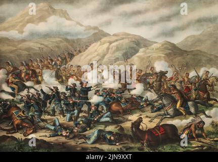 Custers letzter Stand in der Schlacht am Kleinen Dickhorn, 25. Juni 1876. General George Armstrong Custer, 1839 - 1876. Die Schlacht war die wichtigste im Großen Sioux-Krieg von 1876. Nach einem Werk eines nicht identifizierten Künstlers, das 1889 von Kurtz und Allison veröffentlicht wurde. Stockfoto