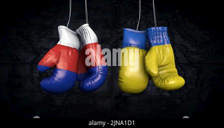 Hängende Boxhandschuhe mit der russischen und ukrainischen Flagge veranschaulichen die Spannungen zwischen den beiden Ländern - 3D Illustration Stockfoto