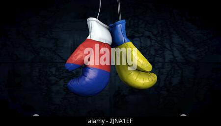 Hängende Boxhandschuhe mit der russischen und ukrainischen Flagge veranschaulichen die Spannungen zwischen den beiden Ländern - 3D Illustration Stockfoto