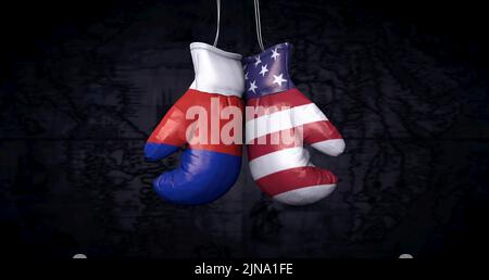 Hängende Boxhandschuhe mit der russischen Flagge und der Flagge der Vereinigten Staaten von Amerika veranschaulichen die Spannungen zwischen den beiden Ländern - 3D Illust Stockfoto