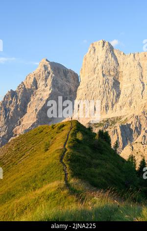 Atemberaubende Aussicht auf eine Person, die den Blick auf den Monte Pelmo vom Gipfel des Col de la Puina genießt. Stockfoto