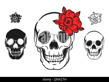 Totenkopf mit schönen Blume im Tattoo-Stil isoliert Vektor-Illustration dekoriert Stock Vektor