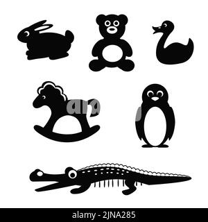 Silhouette von Spielzeugtieren. Vektor-Illustration von Kaninchen, Bär, Ente und Pinguin auf Weiß soliert Stock Vektor