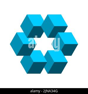 Unmögliche Form aus Würfeln mit einem Stern in der Mitte. Heilige Geometrie. Blaue 3D Würfel bilden komplexes Polygon. Isometrisches Logo-Konzept. Vektor Stock Vektor