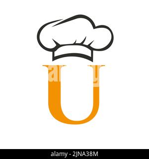 Letter U Restaurant Logo Konzept mit Chef hat Vektor Vorlage. Logo-Symbol Für Den Küchenchef Stock Vektor