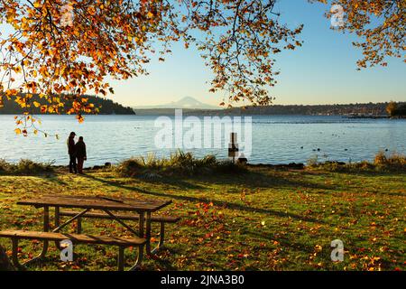 WA21871-00...WASHINGTON - Blick auf Mount Rainier und Lake Washington vom Seward Park Stockfoto