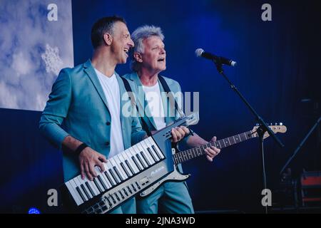 Flumserberg, Schweiz. 31., Juli 2022. Die Schweizer Schlagerband die Calimeros gibt während der Großen Schlagerparty im Rahmen des Flumserberg Open Air 2022 ein Live-Konzert. (Foto: Gonzales Photo - Tilman Jentzsch). Stockfoto