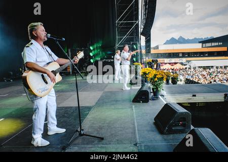 Flumserberg, Schweiz. 31., Juli 2022. Das deutsche Schlagertrio die Schlagerpiloten spielt ein Live-Konzert während der Großen Schlagerparty im Rahmen des Flumserberg Open Air 2022. (Foto: Gonzales Photo - Tilman Jentzsch). Stockfoto