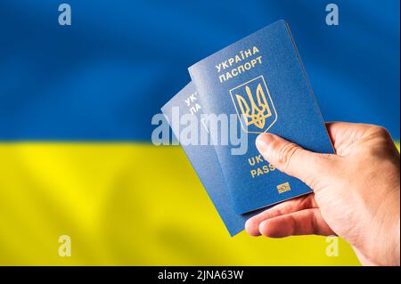 Zwei blau-goldene ukrainische biometrische Pässe in der Hand einer Frau vor dem Hintergrund der blau-gelben Nationalflagge der Ukraine. Pat Stockfoto