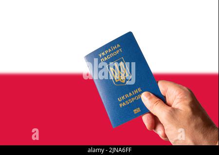 Vor dem Hintergrund der Nationalflagge Polens, einem biometrischen ukrainischen Pass in der Hand einer Frau. Reisen der Ukrainer nach Polen, Russlands Krieg A Stockfoto