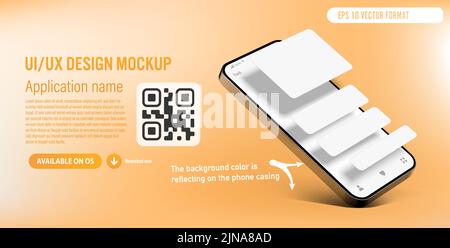 UI- oder UX-Smartphone-App-Vorlage auf orangefarbenem Hintergrund mit leeren Anwendungsfenstern auf dem Telefonbildschirm - Beschreibung und Download-Link mit QR CO Stock Vektor