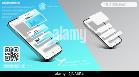 Smartphone-Anwendungsvorlage mit hervorstehenden Informationsfenstern - realistische Vektorgrafiken für die Darstellung einer mobilen Anwendung mit de Stock Vektor