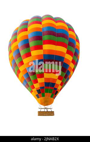 Mehrfarbiger Heißluftballon auf weißem Hintergrund isoliert. Stockfoto