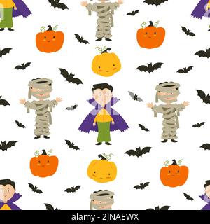 Halloween Geister. Kinder in Halloween Kostümen, Kürbisse und Fledermäuse. Flache Abbildung. Nahtloses Vektormuster Stock Vektor