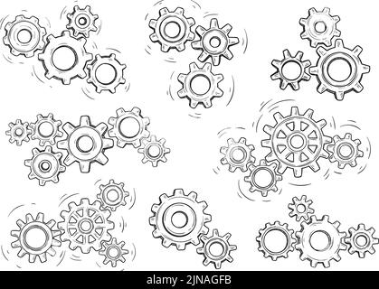 Zahnräder skizzieren. Ingenieurarbeiten, Getriebebewegung und Arbeitszahnradmechanismus. Handgezeichnete Fabrik, Business Team Konzept Vektor Illustration Set Stock Vektor