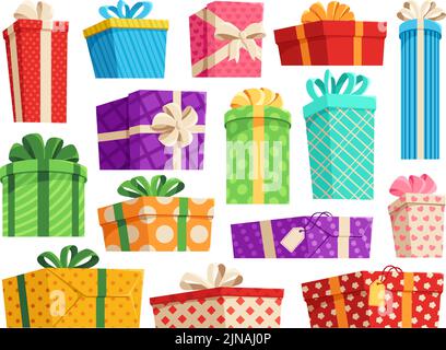 Geschenkkartons. Eingewickeltes Geschenk mit Schleife, Geburtstagsgeschenk-Paket und Überraschungs-Vektor-Set Stock Vektor