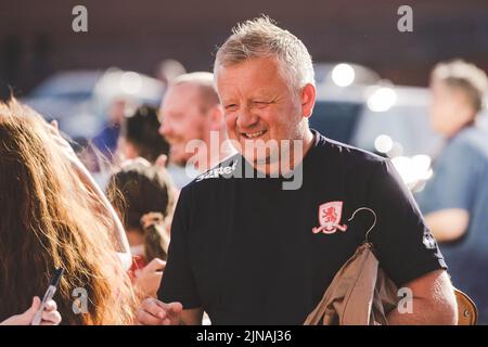 Chris Wilder, Manager von Middlesbrough, kommt vor dem Spiel am Abend im Riverside Stadium an Stockfoto