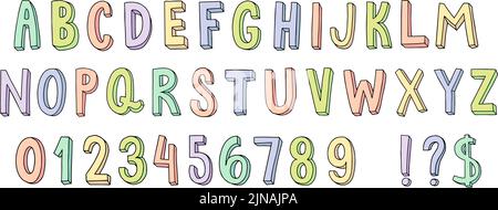Handgezeichnete Schriftart. Niedliche Doodle-Schrift mit bunten Buchstaben und Cartoon-Zahlen. Fun Alphabet für Kinder Schriftzug Vektor-Set Stock Vektor