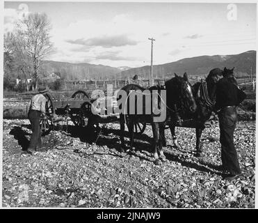 Taos County, New Mexico. Kies aus dem Flussbett wird verwendet, um das Gebiet sofort surrou zu machen. . . Stockfoto