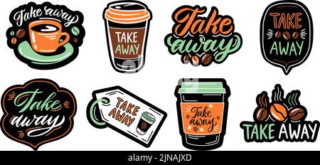 Nehmen Sie Kaffeeetiketten mit. Take-away-Tasse zum Mitnehmen, handgezeichneter Schriftzug mit Americano- und Kaffeebohnen-Vektorset Stock Vektor