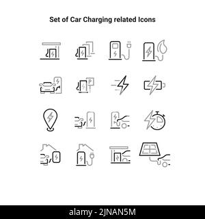 Einfacher Satz von Auto-Ladestation Verwandte Vektorlinien-Symbole. Enthält Symbole wie elektrische Steckdose, Auto zum Laden eingesteckt. Stock Vektor