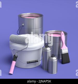 Set aus Metall und Kunststoff Eimer, Sprühfarbe, Farbrolle und Pinsel auf violett Stockfoto