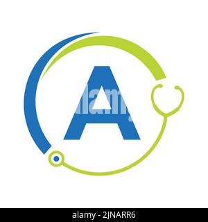 Healthcare Symbol Arzt und medizinisches Logo auf Brief A Vorlage. Ärzte-Logo mit Stethoskop-Zeichen Stock Vektor