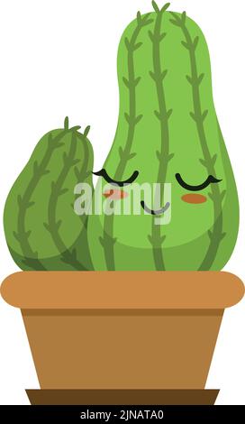 Grüner Cartoon Kaktus mit geschlossenen Augen. Glückliche Kakteen im Blumentopf Stock Vektor
