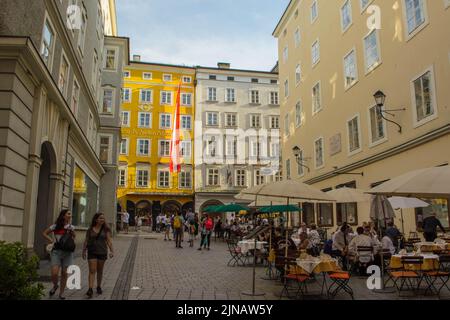 Mozarthaus, Hagenauer Haus, Nr. 9 Getreidegasse in Salzburg, Salzburg, Österreich Stockfoto