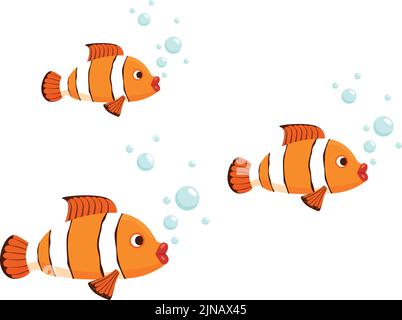 Clownfische schwimmen in der Familie. Cartoon Fisch Schwarm im Wasser Stock Vektor