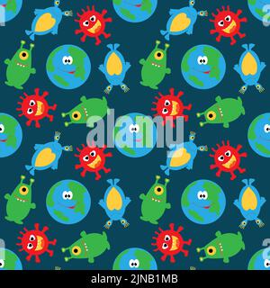 Niedlicher Planet und lustige bunte Aliens auf einem blauen nahtlosen Hintergrund. Stock Vektor