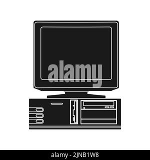 Alte Computer-Vektor-Technologie Illustration pc solide schwarz und Retro-Symbol Desktop. Digitalanzeige und Symbol 90s. Klassisches Kommunikationsdesign Stock Vektor