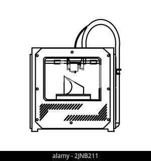 Symbolumriss für das Design der Vektortechnologie des Druckers 3D. Engineering-Linie Fertigungsmodell aus Kunststoff und dünne Industrie Konzept Symbol. Innovationsbusin Stock Vektor