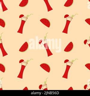 Illustration mit Wassermelonencocktail und Wassermelonenscheiben. Nahtloser Vektorhintergrund. Stock Vektor
