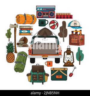 Camping Abenteuer Clipart in runden Stil gesetzt. Sommer Wandern und Outdoor-Kollektion mit Campingwagen, Rucksack, Axt, Bier und anderen Elementen. Lager Stock Vektor