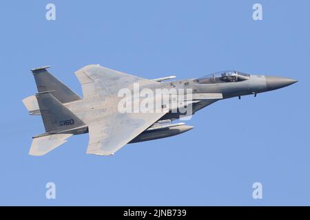 493. Fighter Squadron F-15C verlässt seine Heimatbasis von RAF Lakenheath in den letzten Tagen des F-15C-Betriebs. Stockfoto