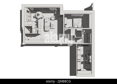 Abbildung des Innenraums. Planen. Illustration der Wohnung im Blaupause-Stil. Stockfoto