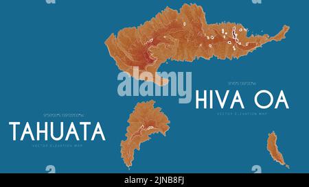 Topografische Karte von Hiva OA und Tahuata, Marquesas-Inseln, Französisch-Polynesien, Pazifischer Ozean. Vektor detaillierte Höhenkarte der Insel. Geografisch Stock Vektor