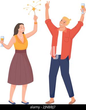 Frau und Mann feiern mit Party Sparkler. Fröhliche Urlaubsleute auf weißem Hintergrund isoliert Stock Vektor